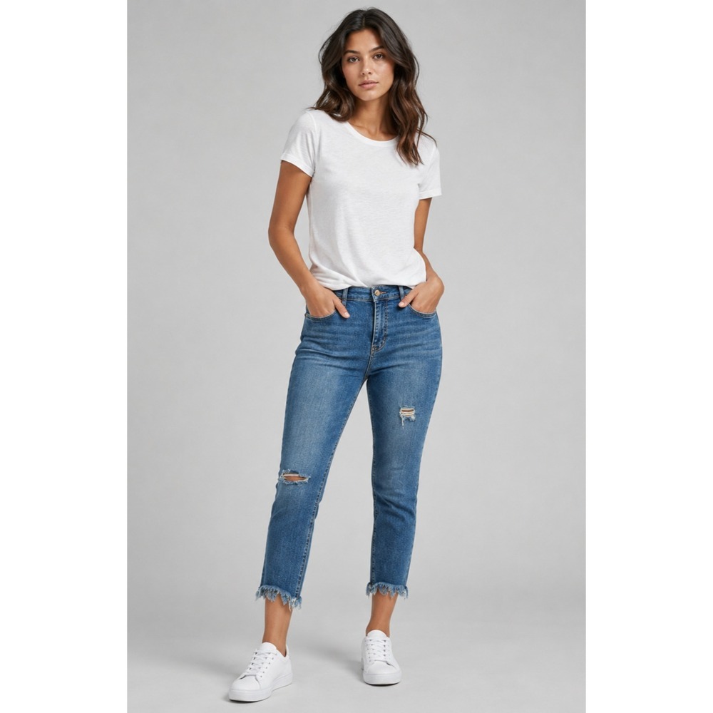 Free People High Waist Skinny Jeans Women 30 Blue Jean Cotton Distressed Raw Hem